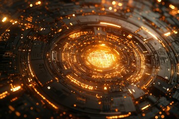 Poster - Futuristic circular technological structure with glowing orange lights, intricate details and complex design.
