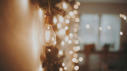 Poster - A light bulb is hanging from a Christmas tree. The bulb is lit up and the room is filled with a warm glow
