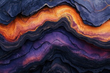 Aufkleber - Layered rock formation with vibrant orange, purple, and dark hues creating a mesmerizing abstract texture.