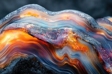 Aufkleber - Stunning agate geode with vibrant, swirling bands of orange, blue, and grey, showcasing intricate natural patterns.