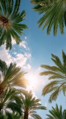 top-down view looking up through tall palm trees arranged like a natural frame around the edges, cle