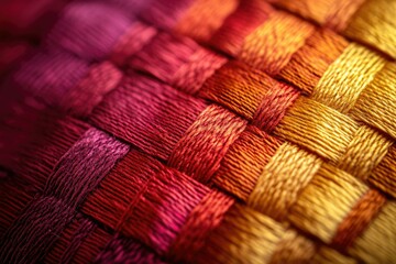 Aufkleber - Close-up of interwoven threads in a gradient of warm colors, showcasing intricate texture and vibrant hues.