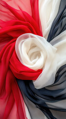 Poster - A red, white, and black scarf is shown in a close up. The scarf is folded into a rose shape, with the red and white sections overlapping each other