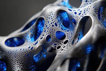 Poster - Intricate 3D-printed structure with a porous, organic design, featuring silver and blue hues.