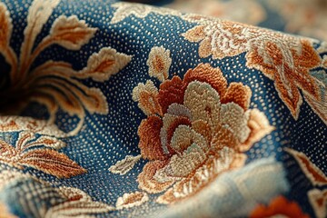Aufkleber - Close-up of intricately embroidered fabric featuring floral patterns in warm hues on a dark blue background.