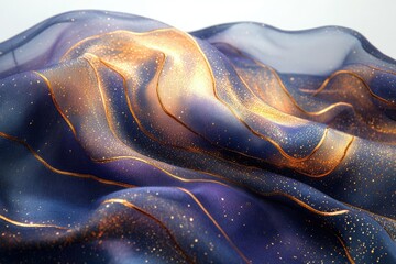 Leinwandbilder - Luxurious blue fabric with golden lines and glitter, elegantly draped.
