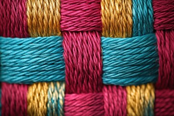 Aufkleber - Close-up of interwoven colorful threads creating a textured fabric pattern.