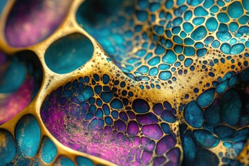 Aufkleber - Abstract close-up of vibrant gold, teal, and purple fluid art with a unique cell-like pattern.