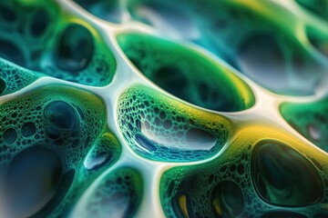 Poster - Abstract image of vibrant green and yellow organic shapes with bubble-like textures, resembling a microscopic view of cells or a surreal landscape.