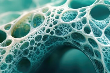 Poster - Abstract image depicting a complex, interconnected network of interconnected bubbles and cavities, resembling a biological structure or fractal pattern.