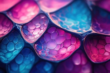Aufkleber - Abstract close-up of vibrant, iridescent cells or bubbles in pink, purple, and blue hues.