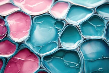 Poster - Abstract image of teal and pink fluid creating organic shapes resembling a mosaic.