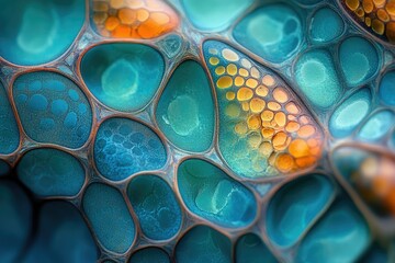 Poster - Abstract art showcasing vibrant teal and orange cells, resembling a microscopic view of organic structures.