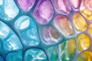 Poster - Abstract close-up of a vibrant, iridescent, cell-like structure with a rainbow gradient.