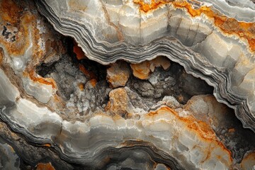 Aufkleber - Intricate layers of grey, black, and orange stone reveal a captivating geological formation.