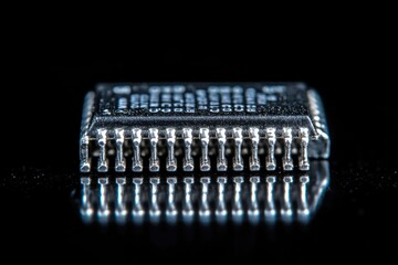 Poster - Close-up of an integrated circuit chip showcasing its intricate details and metallic pins.
