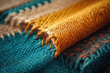 Aufkleber - Close-up of textured knitted fabric in teal, mustard, and beige.