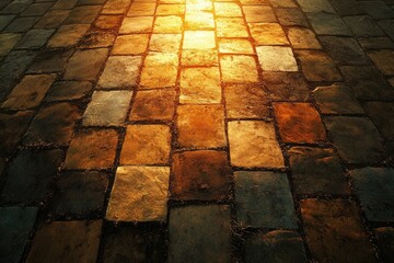 Poster - Sunlit cobblestone pathway, warm golden hues, textured surface, perspective view.