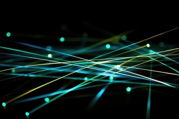 Fototapete - Abstract image of intersecting teal and gold light trails with glowing dots on a transparent background.