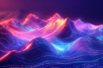 Fototapete - Neon-lit mountainscapes at night, vibrant pink and blue hues, glowing with ethereal light.