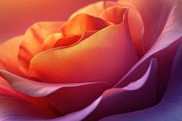 Poster - Close-up of a rose's petals, illuminated by warm, sunset-like light, showcasing its delicate texture and vibrant colors.
