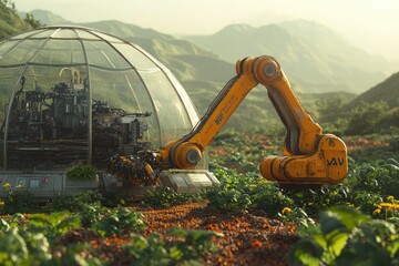 Poster - Futuristic robotic arm tending to a high-tech greenhouse in a scenic mountainous landscape.