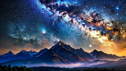 Wall Mural - Majestic Mountains Under a Starry Night Sky A Breathtaking Cosmic Display