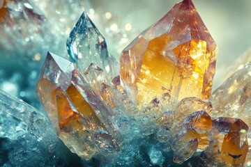 Poster - A cluster of stunning citrine and quartz crystals, showcasing their intricate formations and vibrant colors.