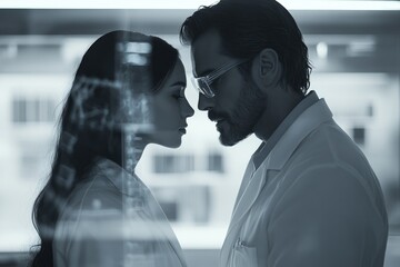 Poster - Two scientists, a man and a woman, stand close, heads touching, in a lab, showcasing intimacy and scientific pursuit.