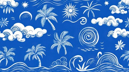 Tropical paradise design, ocean waves, palm trees, summer vacation background, website design
