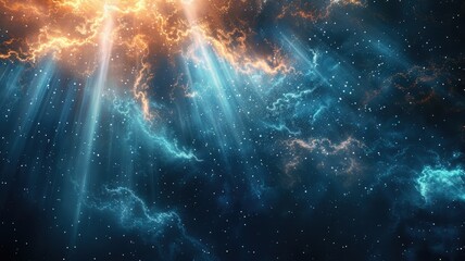 Poster - Dynamic light burst with blue and orange particles on a dark background. Digital art for design and print. Abstract artwork of light shining with blue and vibrant color. Energy art design. AIG53.