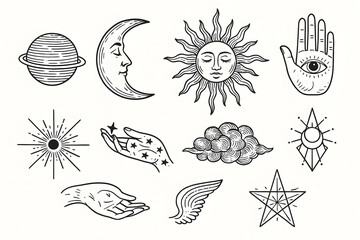 mystical celestial symbols including moon, sun, stars, hands, planet, cloud, and wings in black line