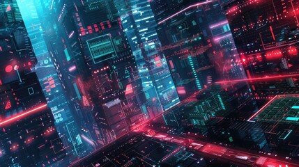 Poster - Explore a vibrant digital cityscape that embodies futuristic technology and design. This dynamic artwork features an energetic interplay of lights and patterns.