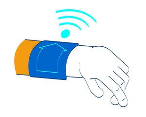 Poster - Smartwatch hand with remote home control and wifi signal doodle cartoon illustration. Wrist IoT wearable emitting Wi-Fi 2D vector drawing isolated on white background. Editable hand-drawn clipart
