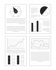 Fototapete - Business reports with charts and graphs 2D line objects set. Data visualization. Analytics. Professional summary isolated cliparts vector ink outline items. Monochrome spot illustrations collection