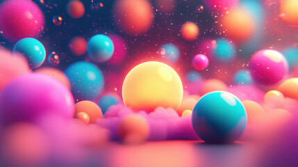Poster - A colorful, abstract space scene with many different colored balls. Scene is playful and whimsical