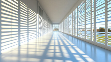Poster - A long, empty hallway with white walls and white blinds. The sunlight is shining through the blinds, creating a bright and airy atmosphere