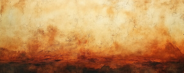 Poster - A painting of a desert with a sky in the background. The sky is orange and the desert is brown