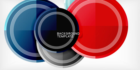 Poster - Abstract circles overlap, creating dynamic visual effect. Blue, red, gray tones dominate composition. Modern design element.