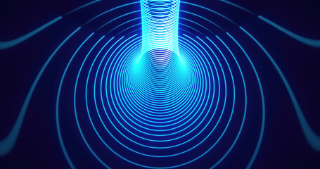 Fototapete - Dynamic blue neon light trails forming wave-like tunnel  patterns in a dark digital space, representing motion and futuristic design