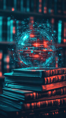 Poster - A book is on top of a stack of books. The books are blue and red. The image has a futuristic feel to it