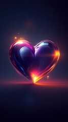 Poster - A heart made of glass is lit up with a purple and orange glow. The heart is surrounded by a dark background, which emphasizes the bright colors of the heart. Concept of warmth and love