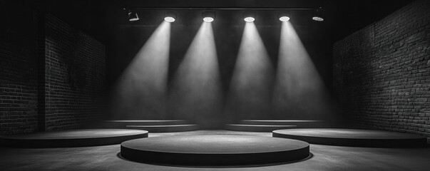 Poster - A stage with four lights shining on it. Scene is dark and mysterious