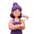 © EZPS - Portrait of excited smiling positive funny casual girl in glasses wears blue overalls, red t-shirt holds paint roller in one hand. Lady painter. Minimal art style. 3d render isolated on white backdrop
