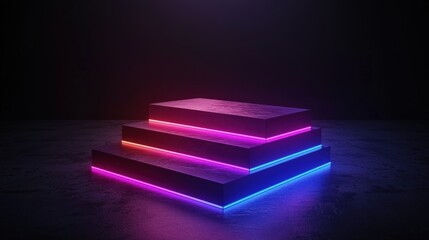 Canvas Print - Neon Steps Display Platform, Dark Studio Setting