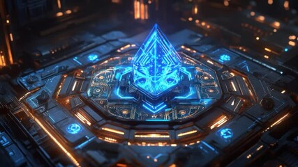 Poster - Futuristic pyramid structure on a metallic platform.