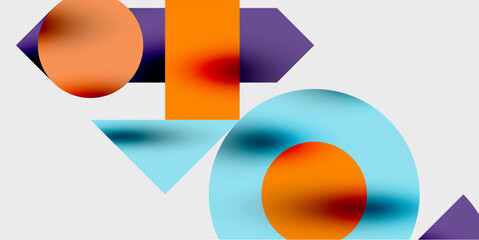 Fototapete - Abstract geometric shapes overlap. Orange, purple, blue hues create modern composition. Smooth gradients add depth, visual interest.