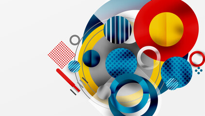 Fototapete - Abstract geometric shapes overlap. Circles, stripes, dots create vibrant modern design. Bright colors dominate neutral background.