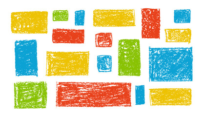 Wall Mural - kid doodle of rough rectangular shapes with blue, red and green pastel wax texture, resembling chalk