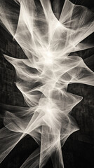 Poster - A long, thin, white object with a black background. The white object is made up of many small, thin lines